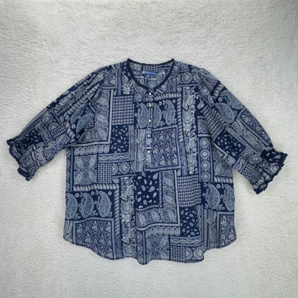 Democracy Top Patchwork Paisley Print Women Sze 1X Blue 3/4 Sleeve Blouse Boho - Picture 4 of 10